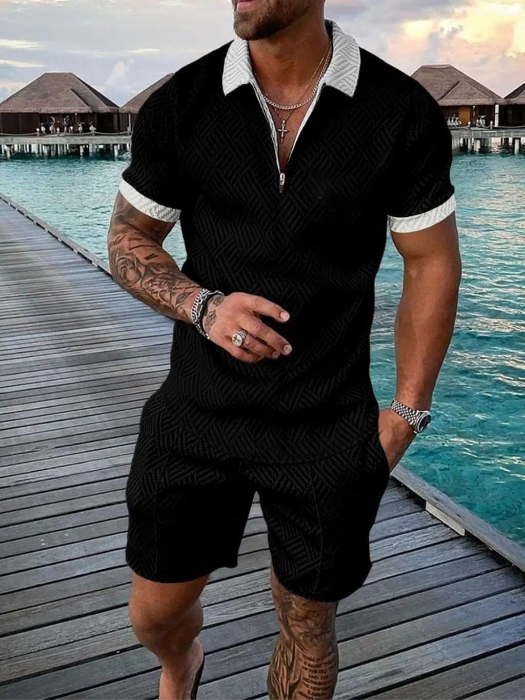 2 Piece Outfits for Men Polo Shirt and Shorts Set Summer Casual Short Sleeve Tracksuit Set Athletic Sweatsuit