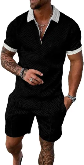 2 Piece Outfits for Men Polo Shirt and Shorts Set Summer Casual Short Sleeve Tracksuit Set Athletic Sweatsuit