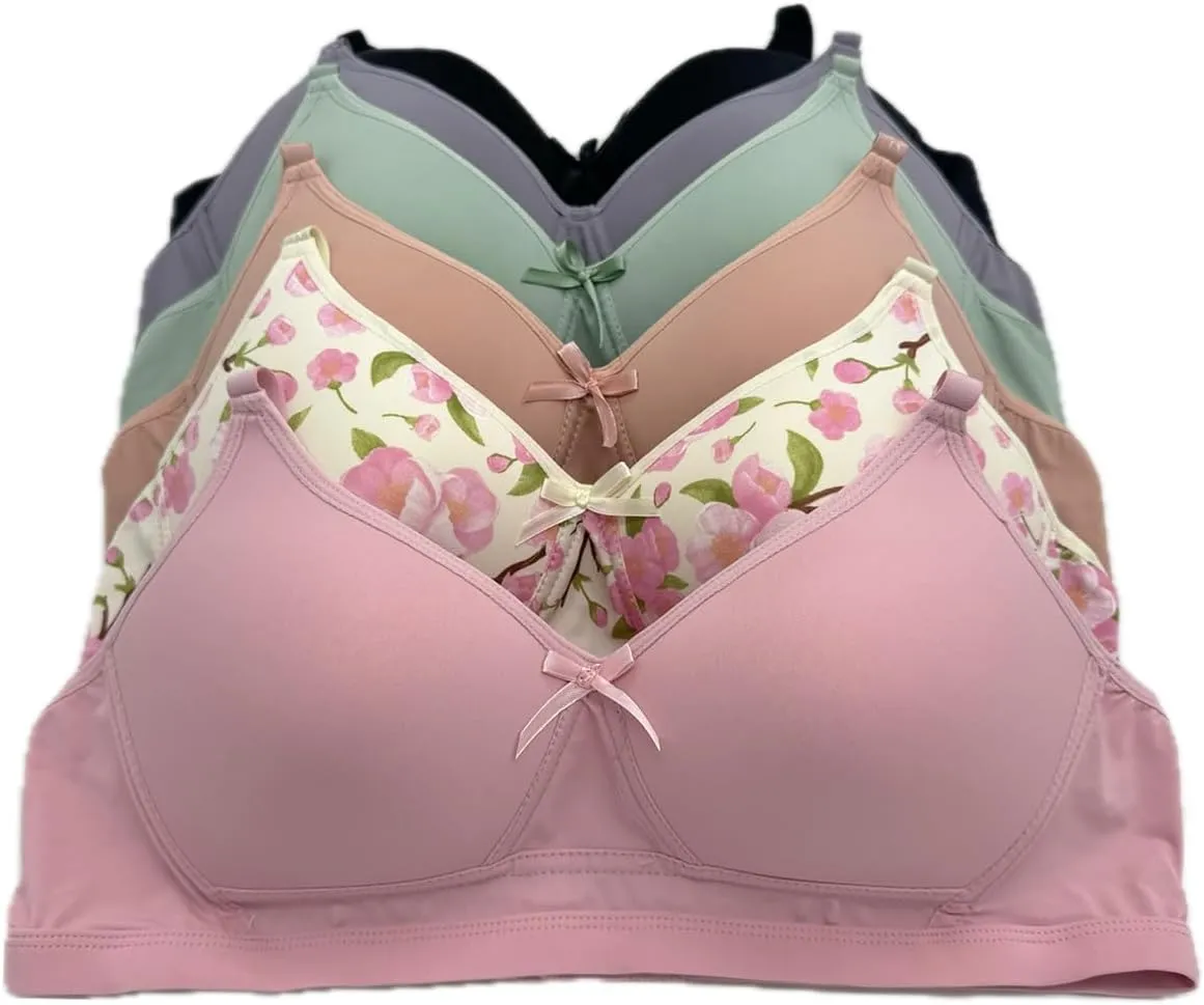 6 Pieces No Wire Full Cup Plain/Lace Light Padded Wire Free Bra A/B/C/D/DD