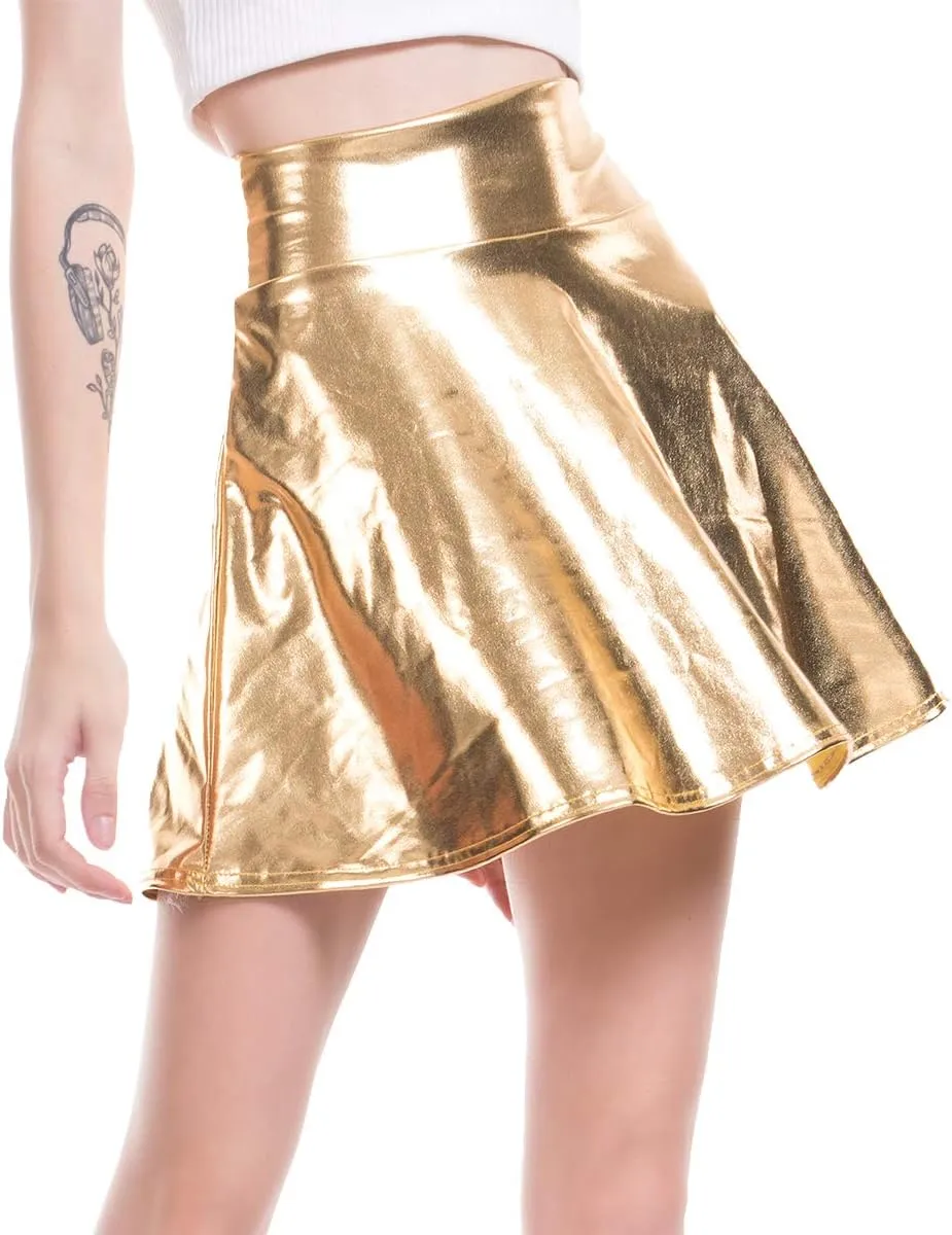 ABAFIP Women's Shiny Pleated Mini Skirt High Waisted Flared A-Line Short Rave Skater Skirts