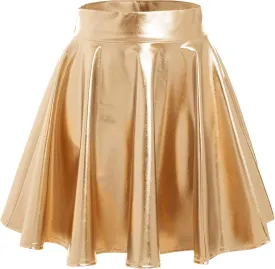 ABAFIP Women's Shiny Pleated Mini Skirt High Waisted Flared A-Line Short Rave Skater Skirts