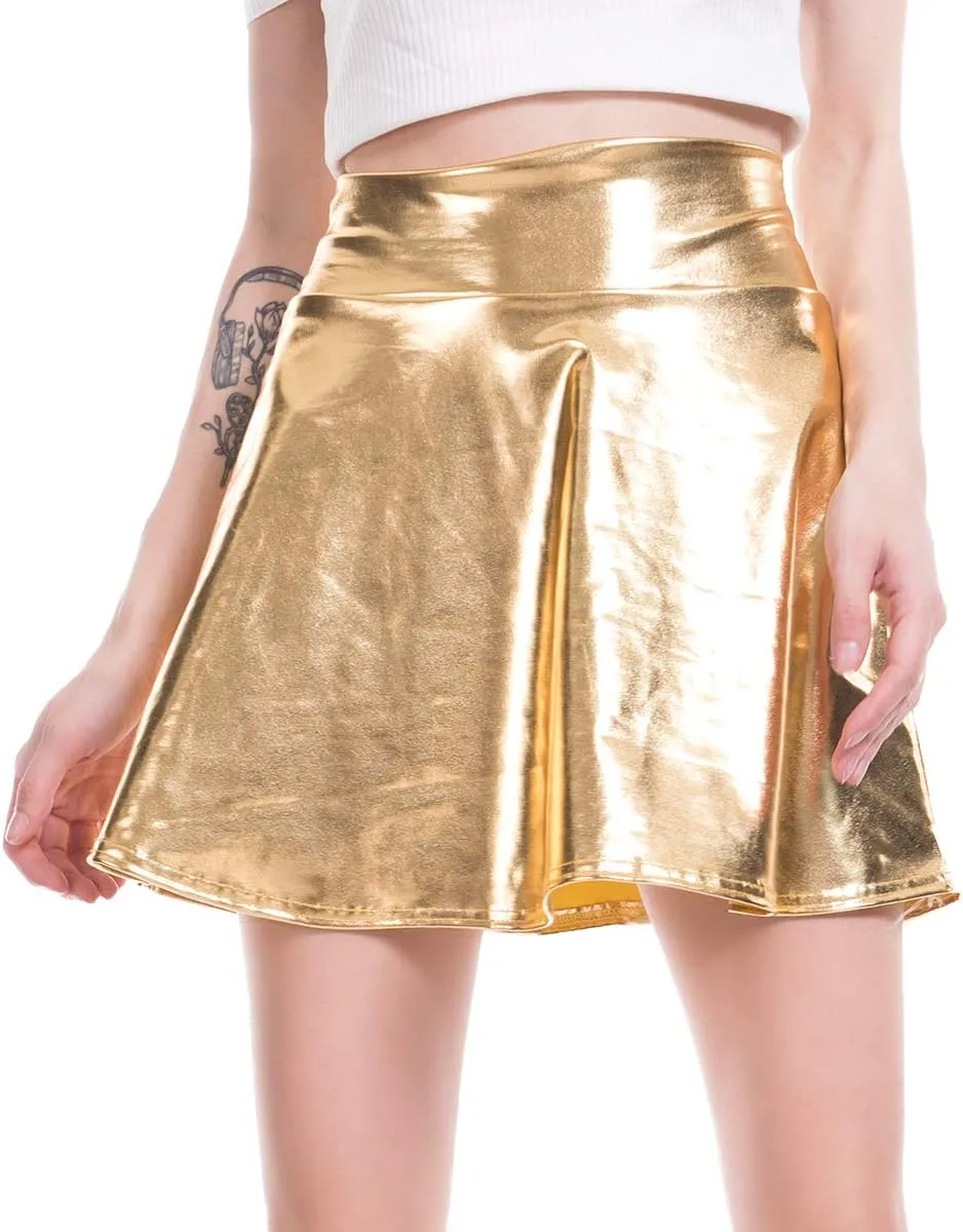 ABAFIP Women's Shiny Pleated Mini Skirt High Waisted Flared A-Line Short Rave Skater Skirts