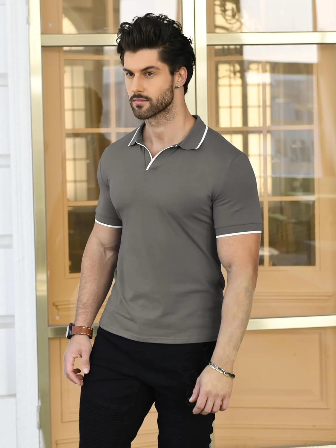 Aiyino Men's Muscle V Neck Polo Shirts Slim Fit Short Sleeve Cotton Golf T-Shirts Ribbed Knit Soft Tees