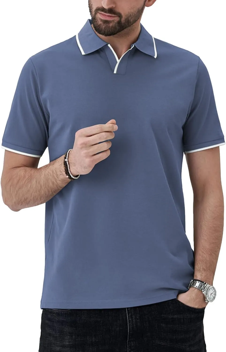 Aiyino Men's Muscle V Neck Polo Shirts Slim Fit Short Sleeve Cotton Golf T-Shirts Ribbed Knit Soft Tees