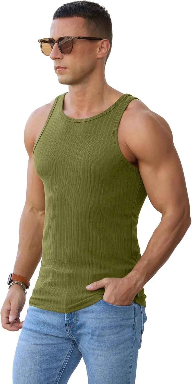 Askdeer Men's Ribbed Tank Top Casual Workout Sleeveless Shirts Soft Gym Muscle Bodybuilding Tee