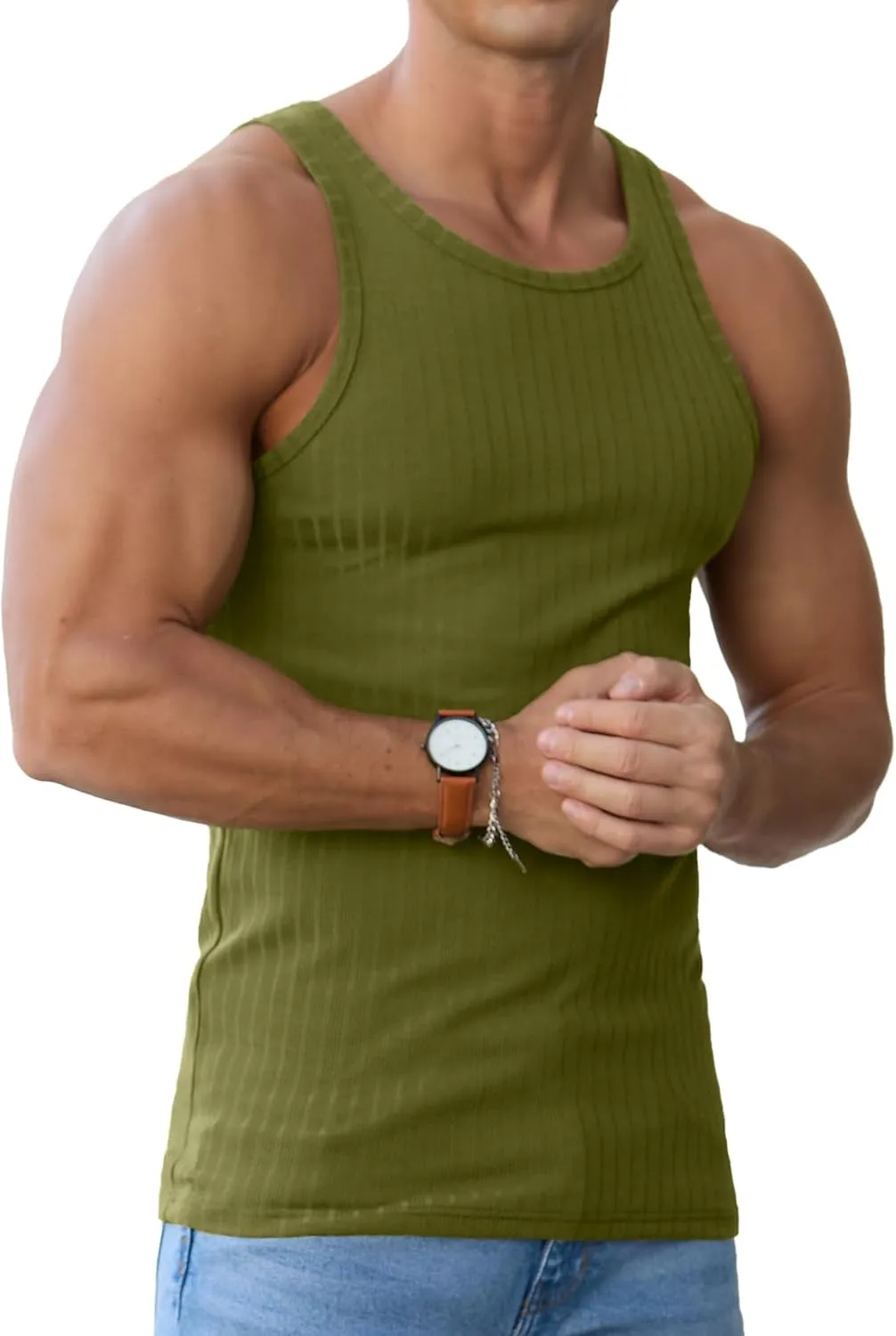 Askdeer Men's Ribbed Tank Top Casual Workout Sleeveless Shirts Soft Gym Muscle Bodybuilding Tee