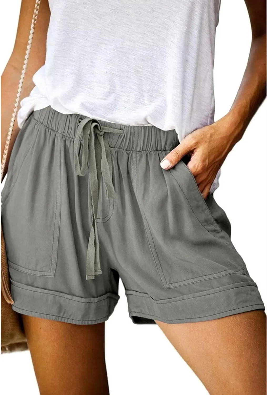 Basoteeuo Womens Shorts Summer Comfy Cotton Elastic Waist Drawstring Casual Shorts with Pockets
