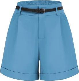 Belle Poque Women Bermuda Shorts Elastic Waist Wide Leg Shorts with Pockets & Belts