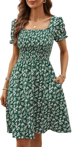 Berydress Women's Summer Dresses 2025 Pockets Short Sleeve Square Neck Flowy A Line Casual Boho Smocked Mini Sun Dress