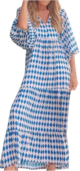 Boho Maxi Dresses for Women 2025 Casual Loose Fit Puff Sleeve Long Bohemian Dress Geometric V Neck Tiered Flowy Dress