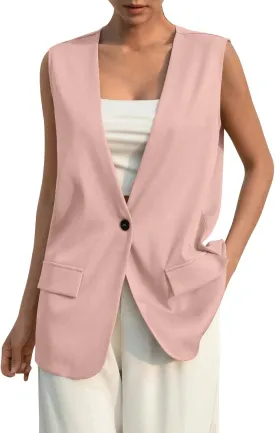 Button Suit Vest Women 2024 Collarless Sleeveless Blazer Jackets Loose Fashion Casual Open Front Vest Pockets