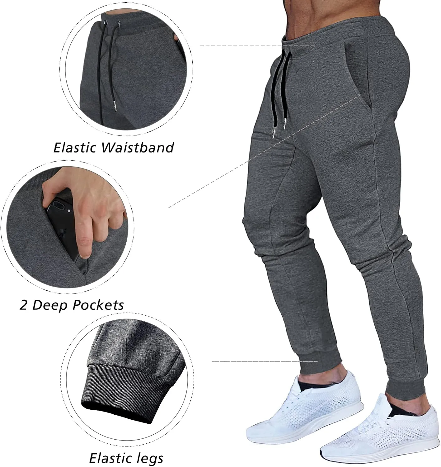 BUXKR Men's Slim Joggers Workout Pants for Gym Running and Bodybuilding Athletic Bottom Sweatpants with Deep Pockets
