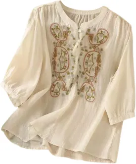 Cotton Linen Shirt for Women Short Sleeve Crew Neck Buttons Casual Boho Tops Summer Loose Fashion Embroidered Blouse