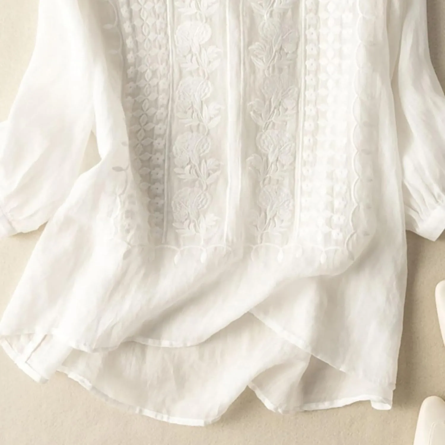 Cotton Linen Shirts for Women 2025 Trendy Summer Floral Embroidered 3/4 Sleeve Gauze Boho Blouse Casual Vacation Top