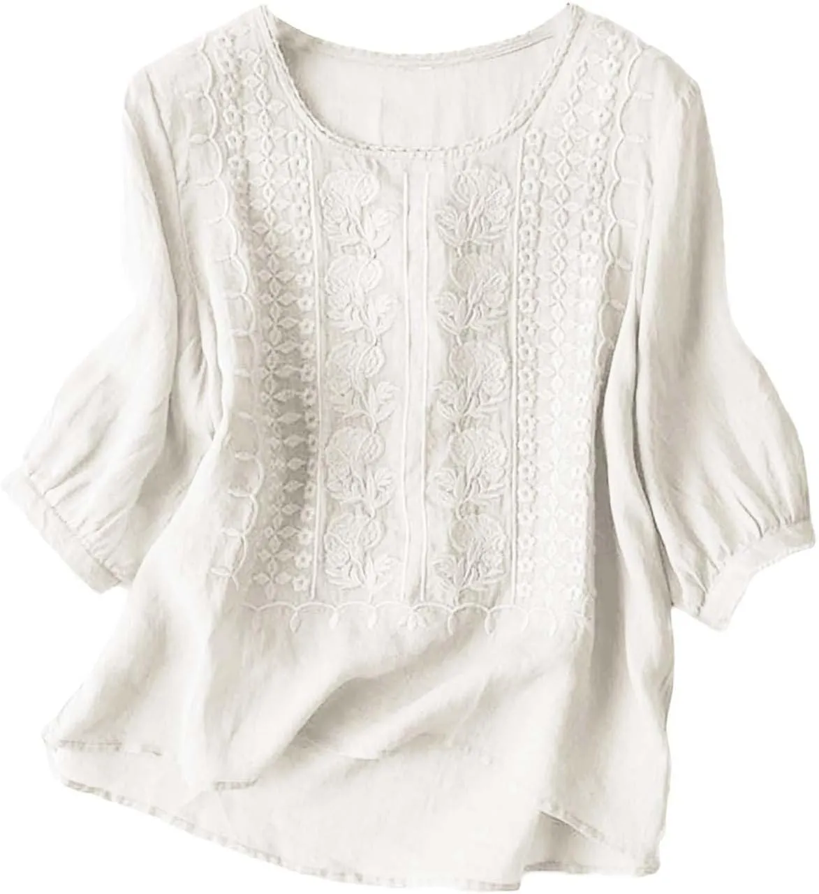 Cotton Linen Shirts for Women 2025 Trendy Summer Floral Embroidered 3/4 Sleeve Gauze Boho Blouse Casual Vacation Top