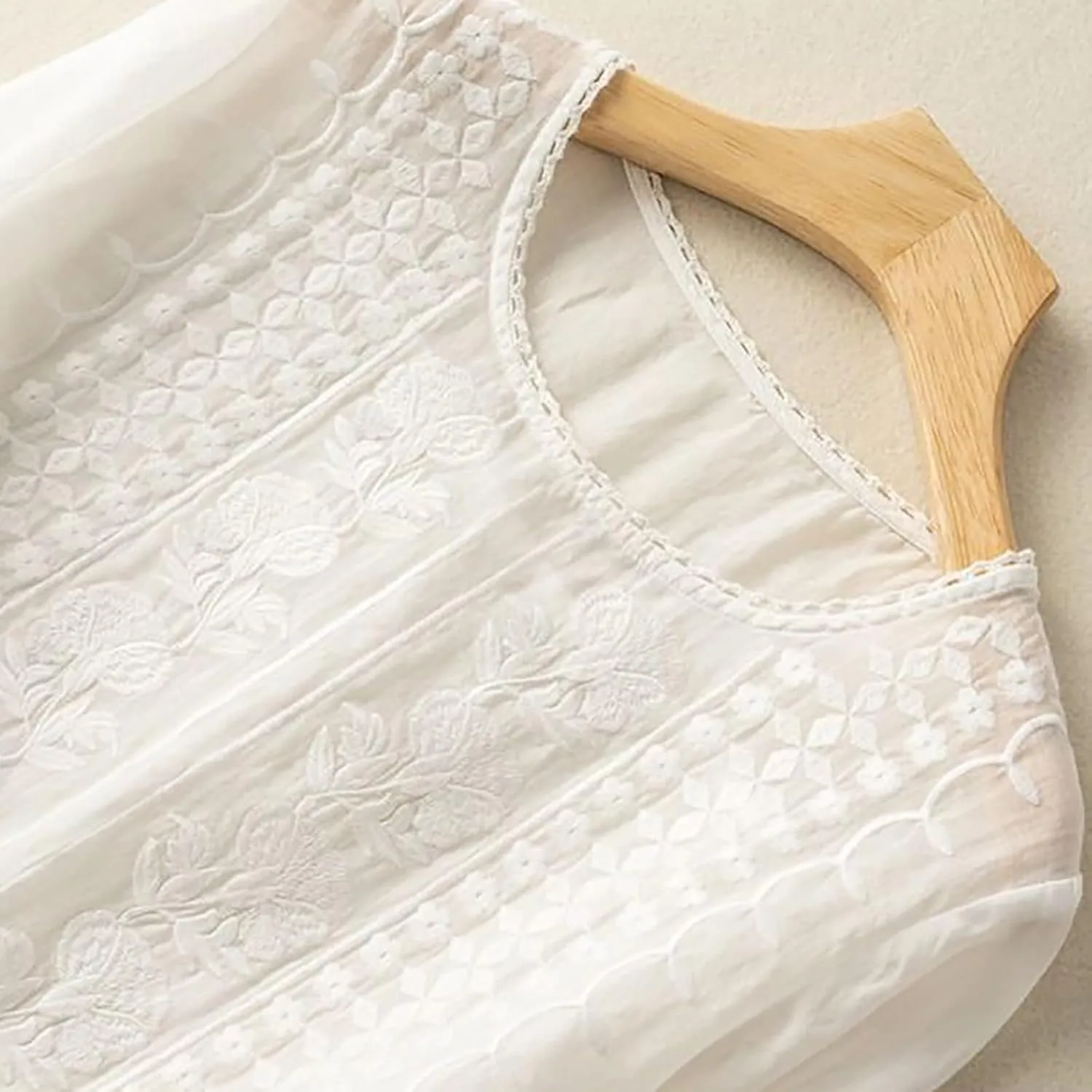 Cotton Linen Shirts for Women 2025 Trendy Summer Floral Embroidered 3/4 Sleeve Gauze Boho Blouse Casual Vacation Top