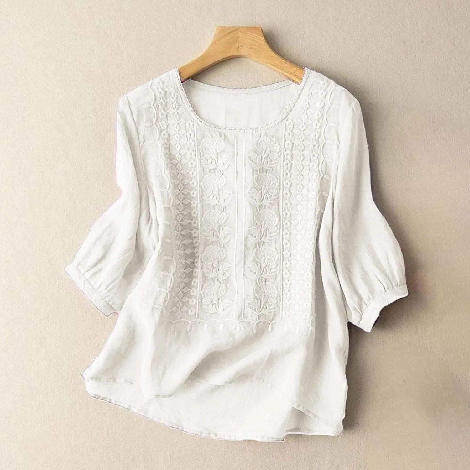 Cotton Linen Shirts for Women 2025 Trendy Summer Floral Embroidered 3/4 Sleeve Gauze Boho Blouse Casual Vacation Top