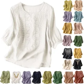 Cotton Linen Shirts for Women 2025 Trendy Summer Floral Embroidered 3/4 Sleeve Gauze Boho Blouse Casual Vacation Top