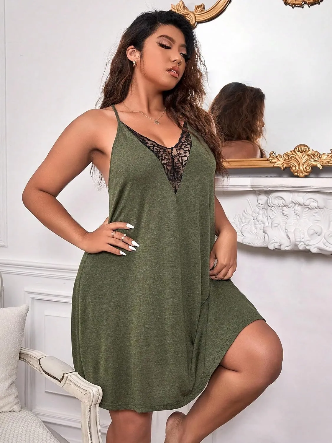 COZYEASE Women's Plus Size Lace V Neck Cami Nightdress Spaghetti Strap Teddy Slip Dress Backless Chemise Nightgowns