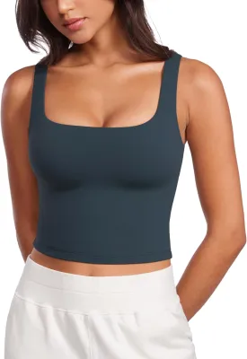CRZ YOGA Womens Butterluxe Double Lined Square Neck Tight Tank Tops Sleeveless Workout Cropped Casual Yoga Fitted Shirts