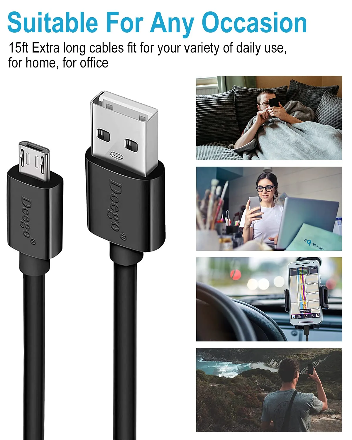 DEEGO Micro USB Cable,15Ft Extra Long PS4 Controller Charger Cable,Enduring Android Charging Cord Fit for Samsung Galaxy S7 Edge S6,Note 5,Note 4,Moto G5,Android Phone,Kindle Fire,Black