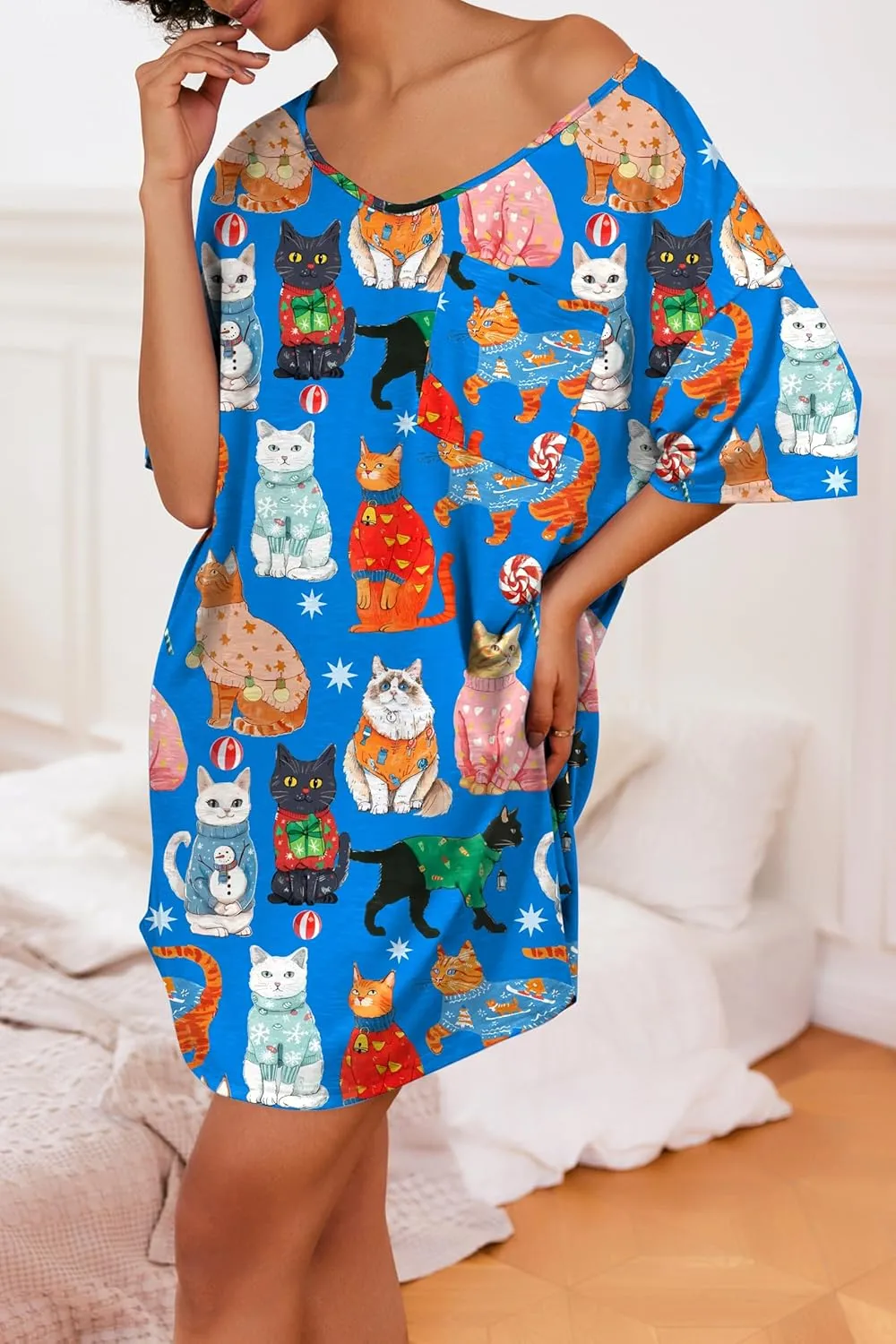 Ekouaer Womens Tshirt Nightgown Cotton V Neck Sleepshirts Comfy Casual Nightshirt for Women