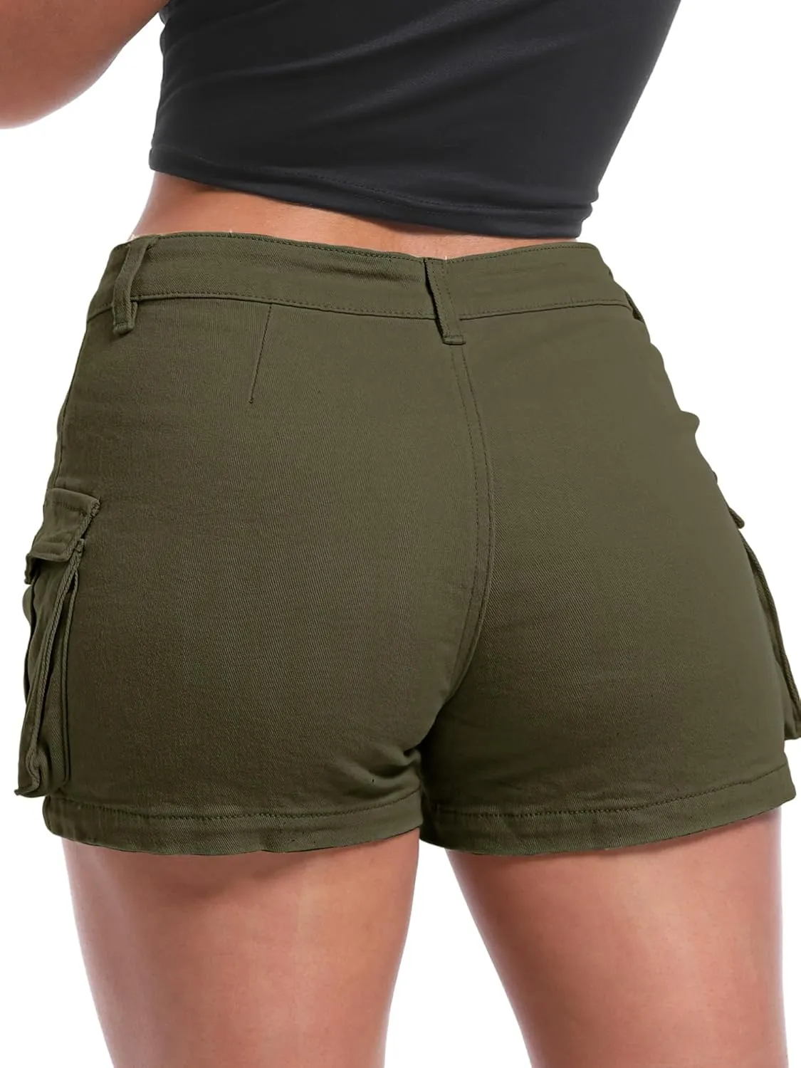 ELLEVEN Women's High-Stretch Cargo Shorts, Y2K Mini, High Waisted, Slim-Fitted Jean Shorts with Pockets