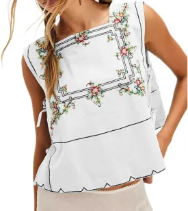 Embroidery Flower Tank Tops for Women Y2K Sleeveless Square Neck Tie Up Cropped Vest Summer Chic Going Out Blouse