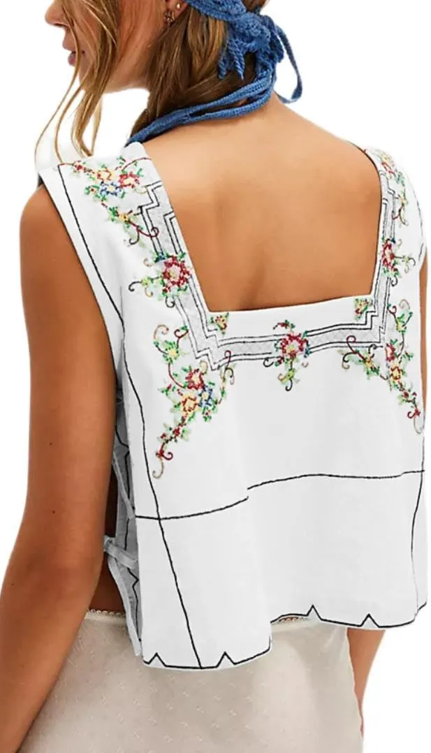 Embroidery Flower Tank Tops for Women Y2K Sleeveless Square Neck Tie Up Cropped Vest Summer Chic Going Out Blouse