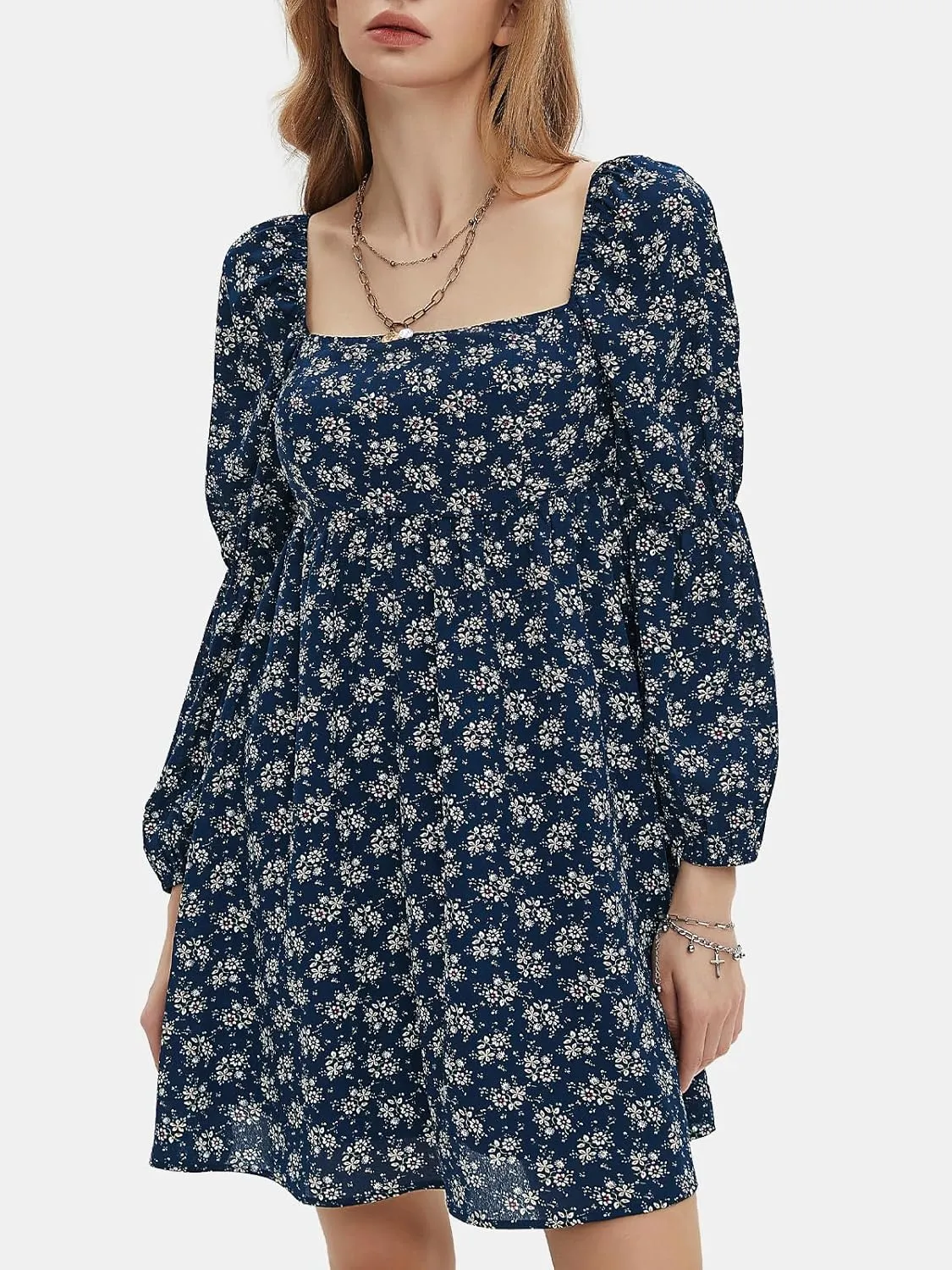 EXLURA Womens 2025 Square Neck Dress Long Puff Sleeve A-Line Casual Short Mini Dresses