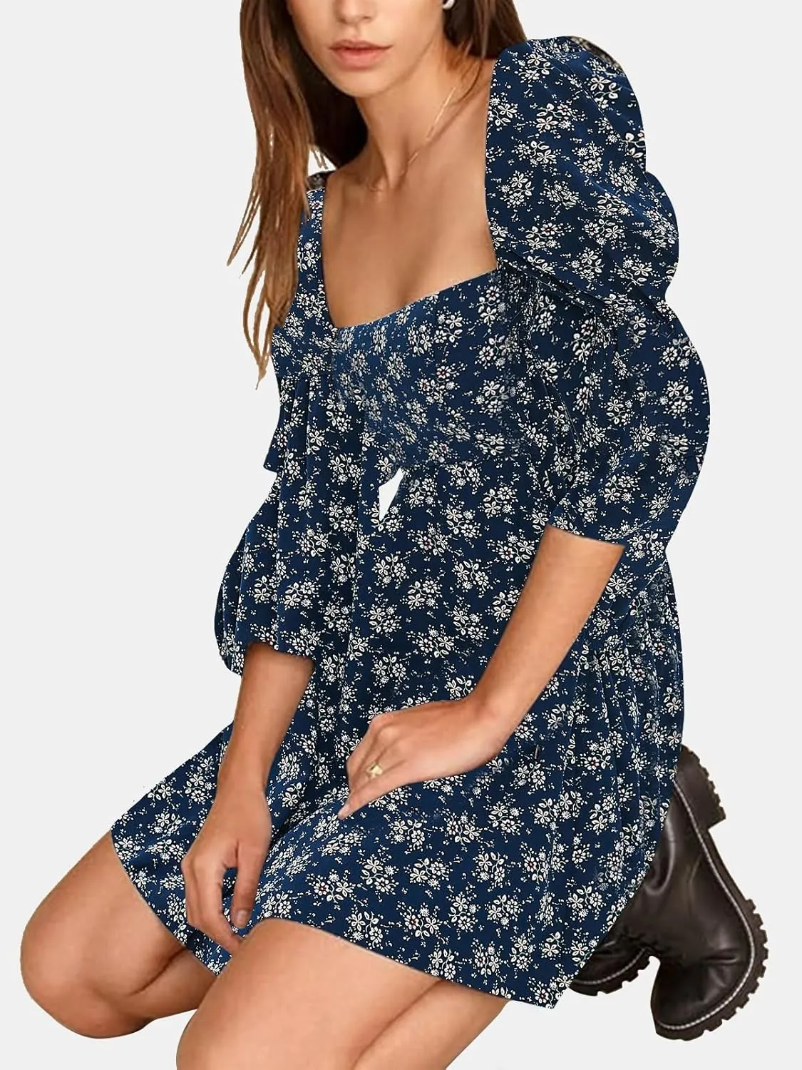 EXLURA Womens 2025 Square Neck Dress Long Puff Sleeve A-Line Casual Short Mini Dresses