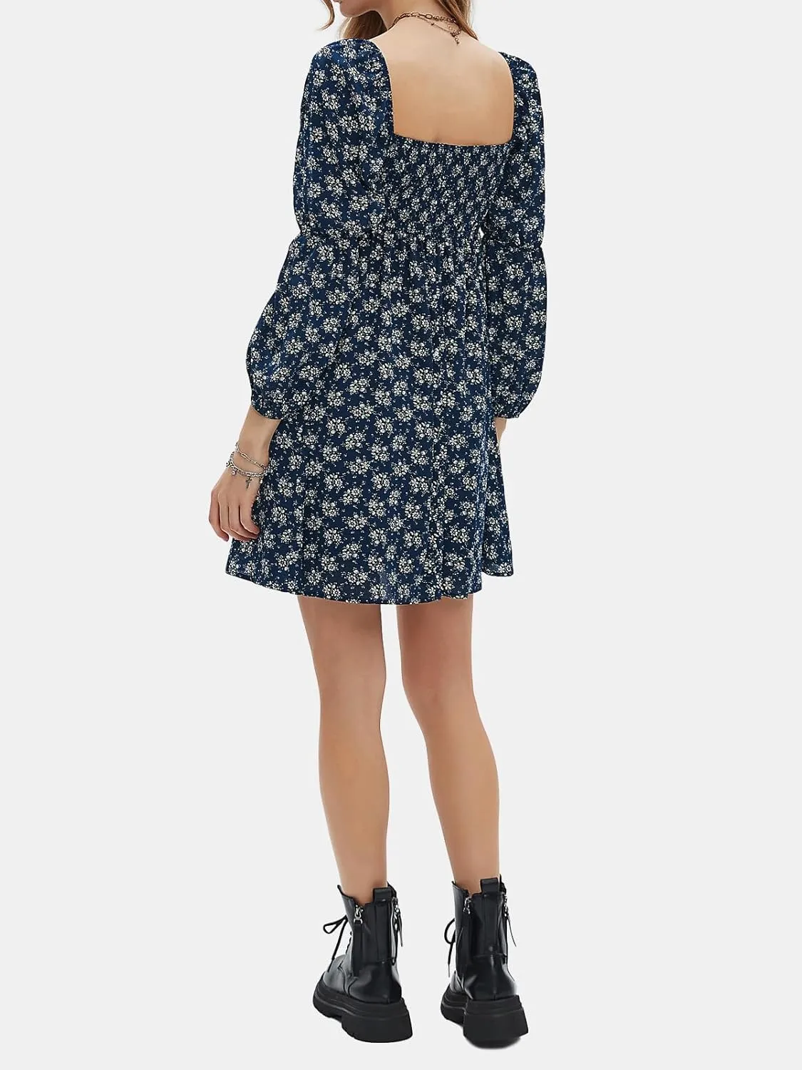 EXLURA Womens 2025 Square Neck Dress Long Puff Sleeve A-Line Casual Short Mini Dresses
