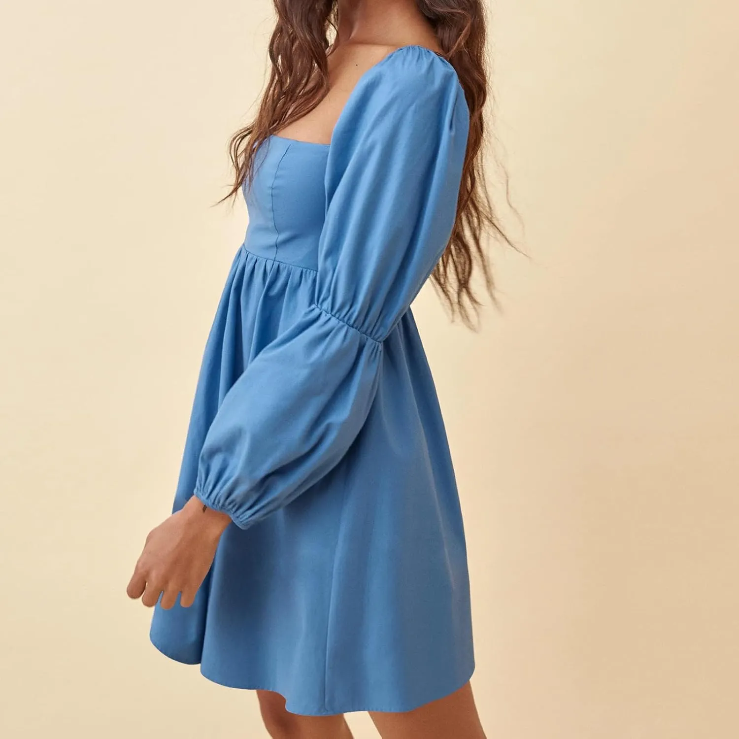 EXLURA Womens 2025 Square Neck Dress Long Puff Sleeve A-Line Casual Short Mini Dresses