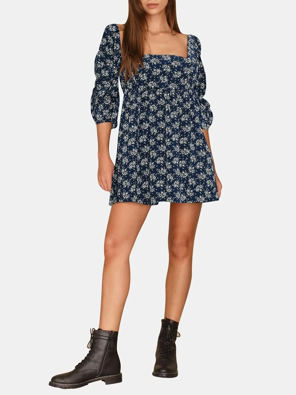 EXLURA Womens 2025 Square Neck Dress Long Puff Sleeve A-Line Casual Short Mini Dresses