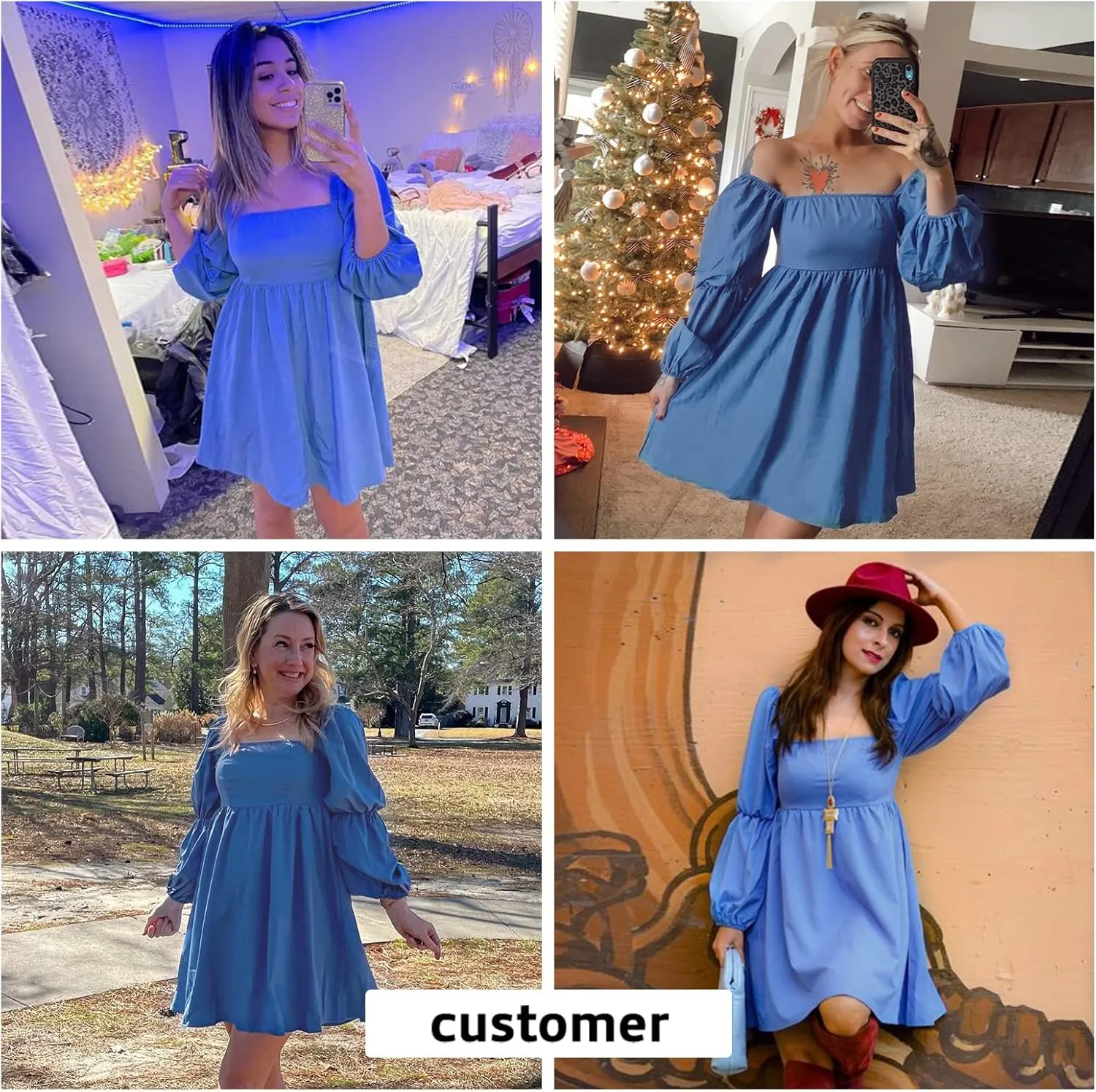 EXLURA Womens 2025 Square Neck Dress Long Puff Sleeve A-Line Casual Short Mini Dresses