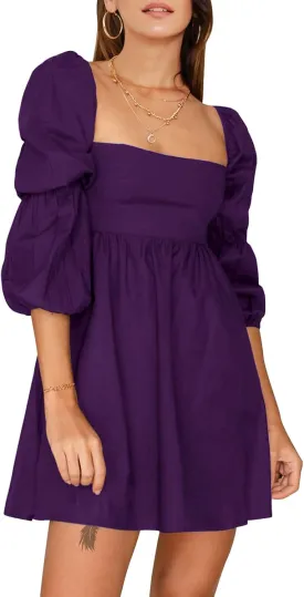 EXLURA Womens 2025 Square Neck Dress Long Puff Sleeve A-Line Casual Short Mini Dresses