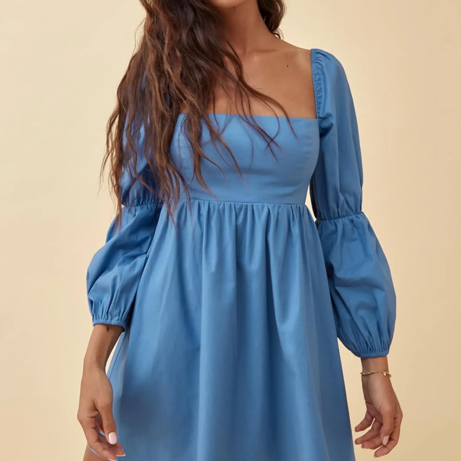 EXLURA Womens 2025 Square Neck Dress Long Puff Sleeve A-Line Casual Short Mini Dresses