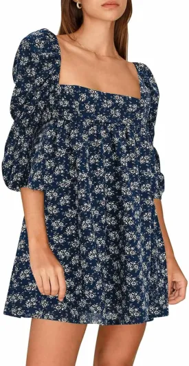 EXLURA Womens 2025 Square Neck Dress Long Puff Sleeve A-Line Casual Short Mini Dresses