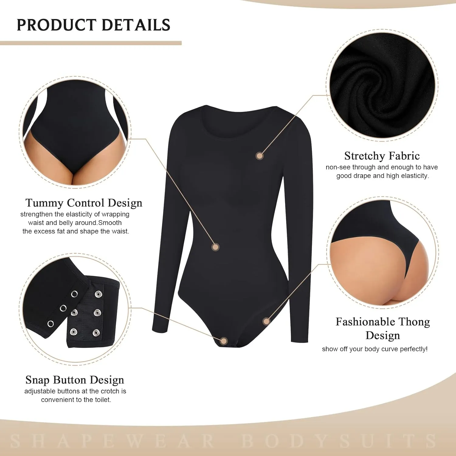 FeelinGirl Tummy Control Bodysuit for Women Long Sleeve Shapewear Thong Body Suit