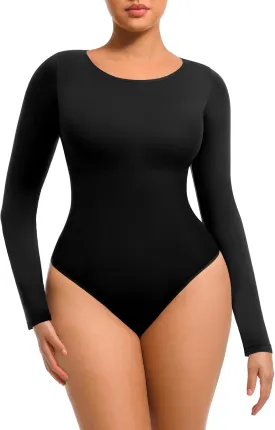 FeelinGirl Tummy Control Bodysuit for Women Long Sleeve Shapewear Thong Body Suit