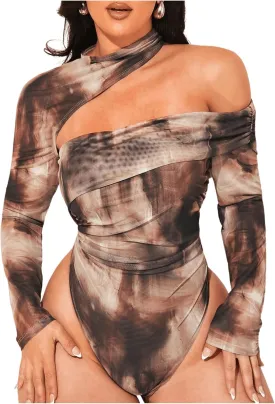 Floerns Women's Plus Size Tie Dye Asymmetrical Neck Long Sleeve T Shirts Bodysuit Tops