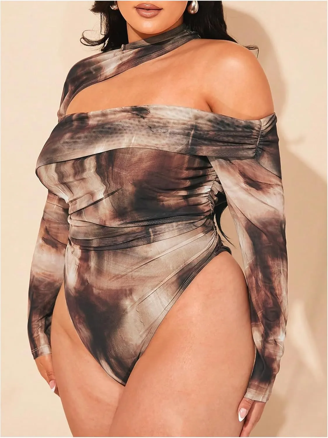 Floerns Women's Plus Size Tie Dye Asymmetrical Neck Long Sleeve T Shirts Bodysuit Tops