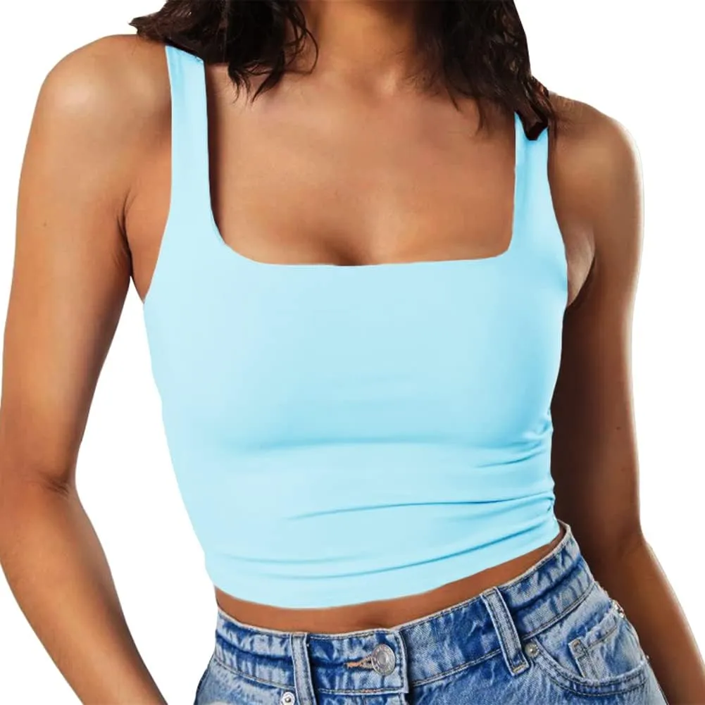 GEMBERA Women's Sexy Sleeveless Strappy Square Neck Crop Tank Top Fitted Gym Stretchy Cropped Tank