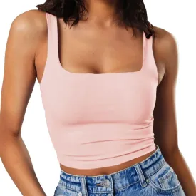GEMBERA Women's Sexy Sleeveless Strappy Square Neck Crop Tank Top Fitted Gym Stretchy Cropped Tank