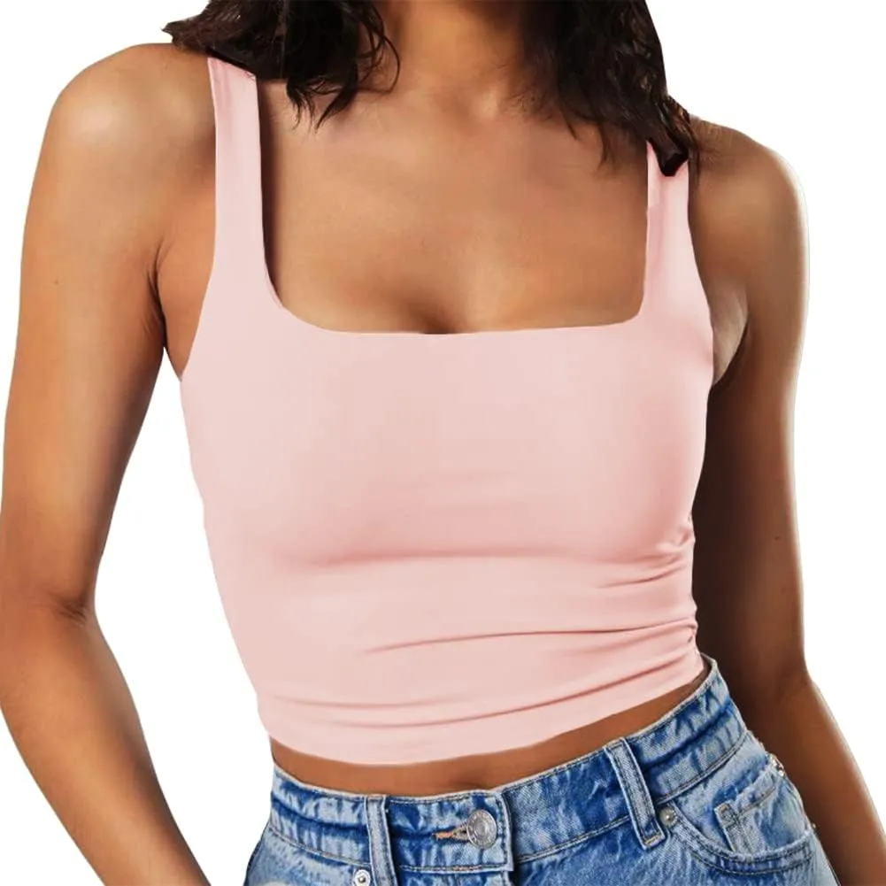 GEMBERA Women's Sexy Sleeveless Strappy Square Neck Crop Tank Top Fitted Gym Stretchy Cropped Tank