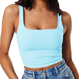 GEMBERA Women's Sexy Sleeveless Strappy Square Neck Crop Tank Top Fitted Gym Stretchy Cropped Tank