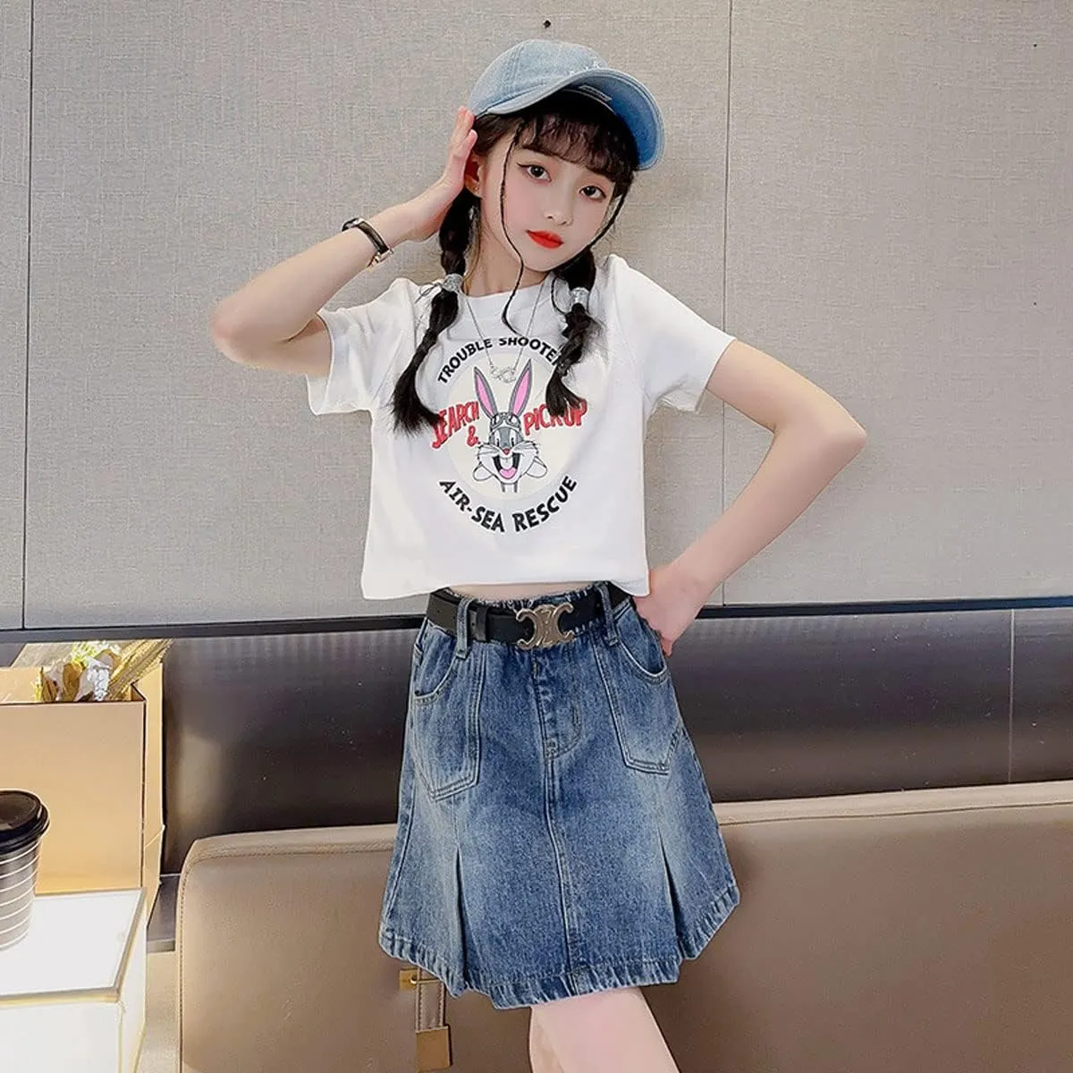 Girls Denim Skirt Casual Mini Stretch Waist Pleated Ruffle Short Jean A-line Skirts for Kids 4-13 Years