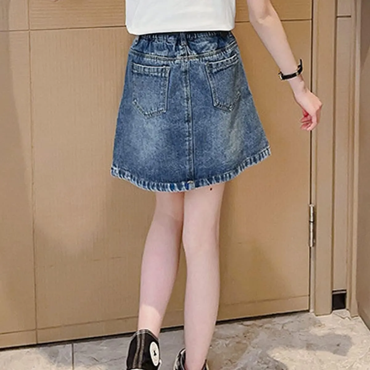 Girls Denim Skirt Casual Mini Stretch Waist Pleated Ruffle Short Jean A-line Skirts for Kids 4-13 Years