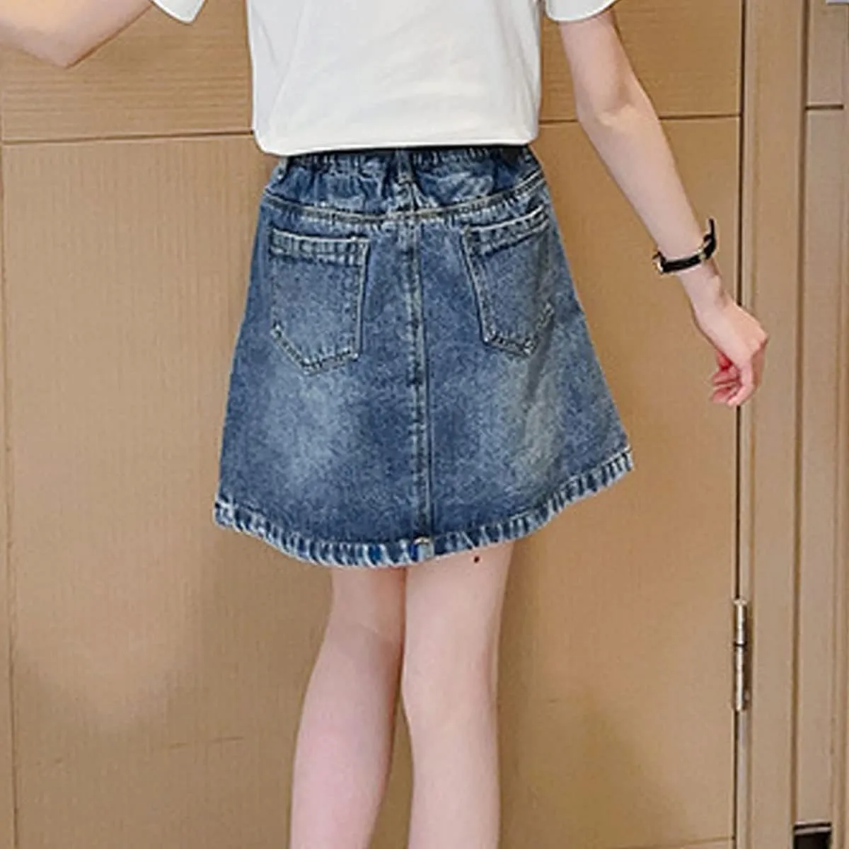 Girls Denim Skirt Casual Mini Stretch Waist Pleated Ruffle Short Jean A-line Skirts for Kids 4-13 Years