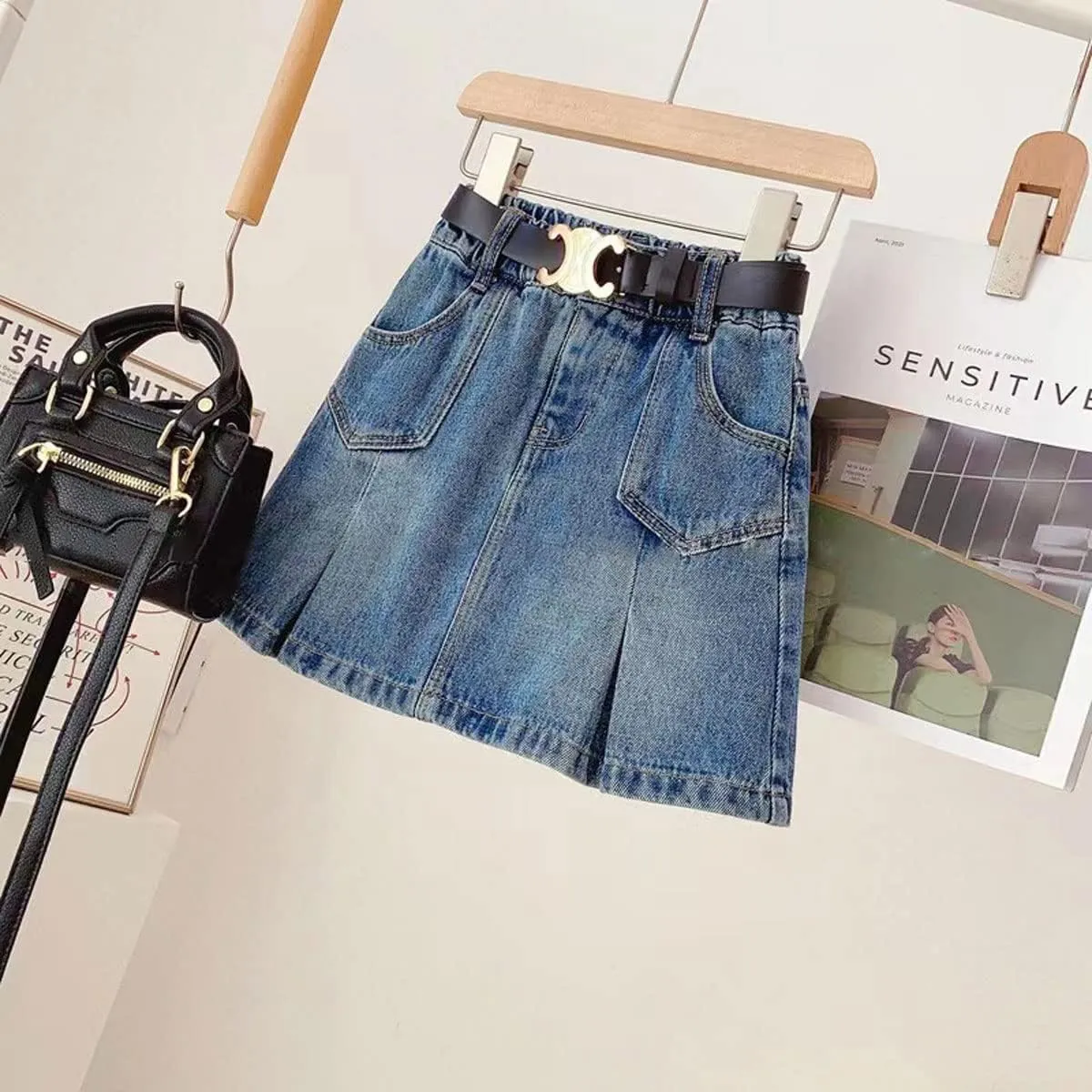 Girls Denim Skirt Casual Mini Stretch Waist Pleated Ruffle Short Jean A-line Skirts for Kids 4-13 Years